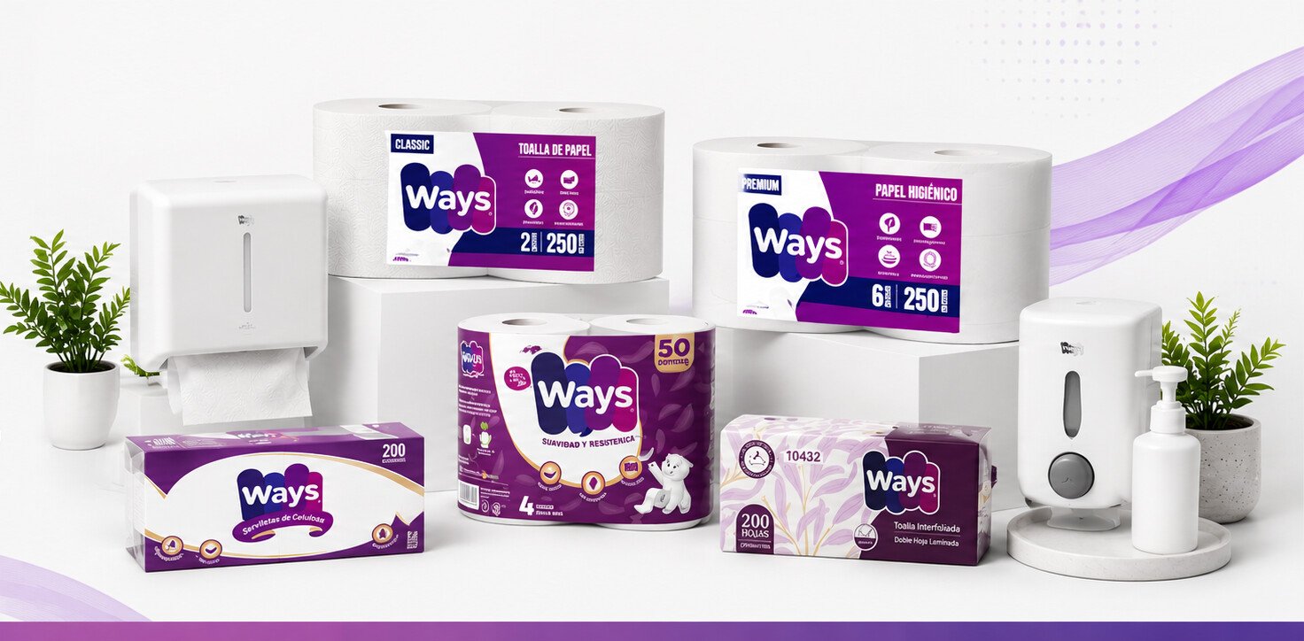 Productos Ways: papel higiénico, toalla de papel, toalla interfoliada, servilletas y dispensador