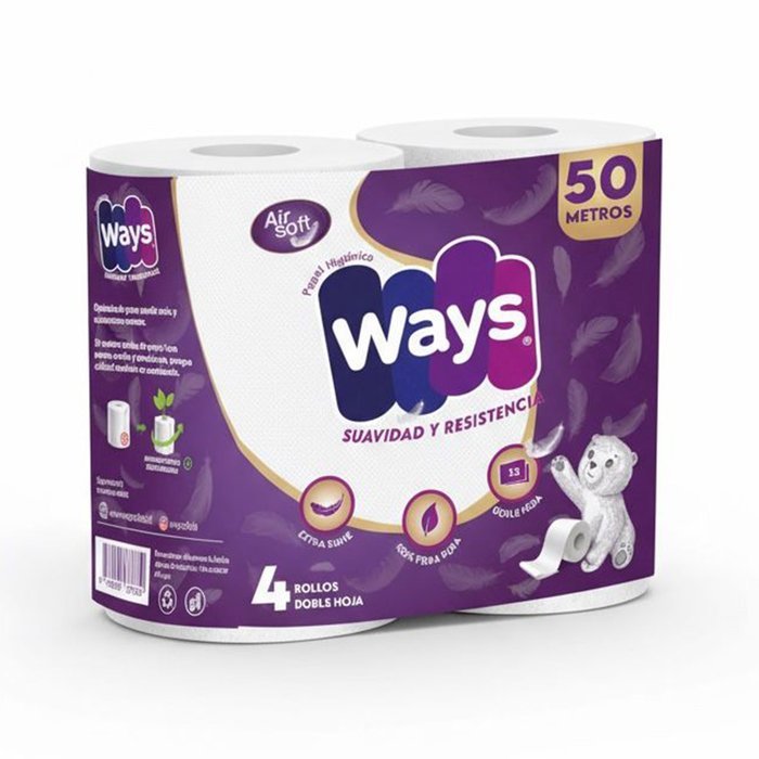 Papel Higiénico Ways 50 Metros Doble Hoja 4 Rollos (Manga de 4 Paquetes)