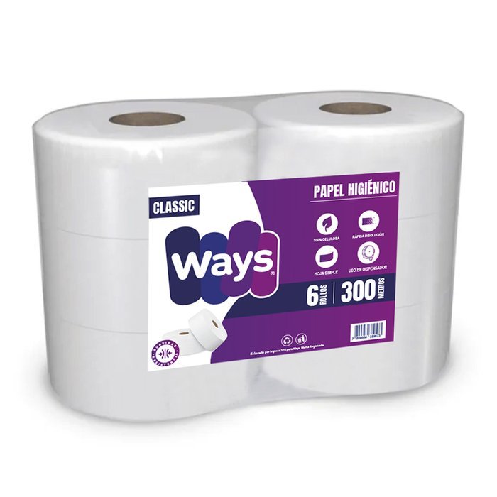Papel Higiénico Ways Jumbo Hoja Simple 6 Rollos x 300 Metros