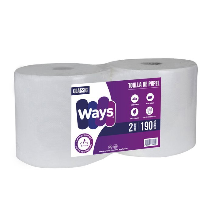 Toalla de Papel Ways Hoja Simple 2 Rollos x 190 Metros
